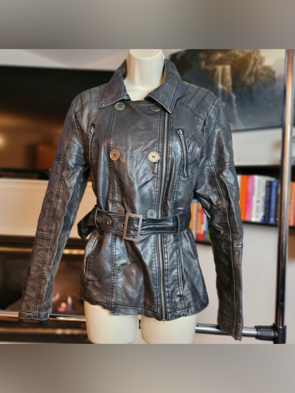 🛍️ $13 ADD-ON | Black & Silver Faux Leather Belted Button Zipper Jacket George - Picture 2 of 16